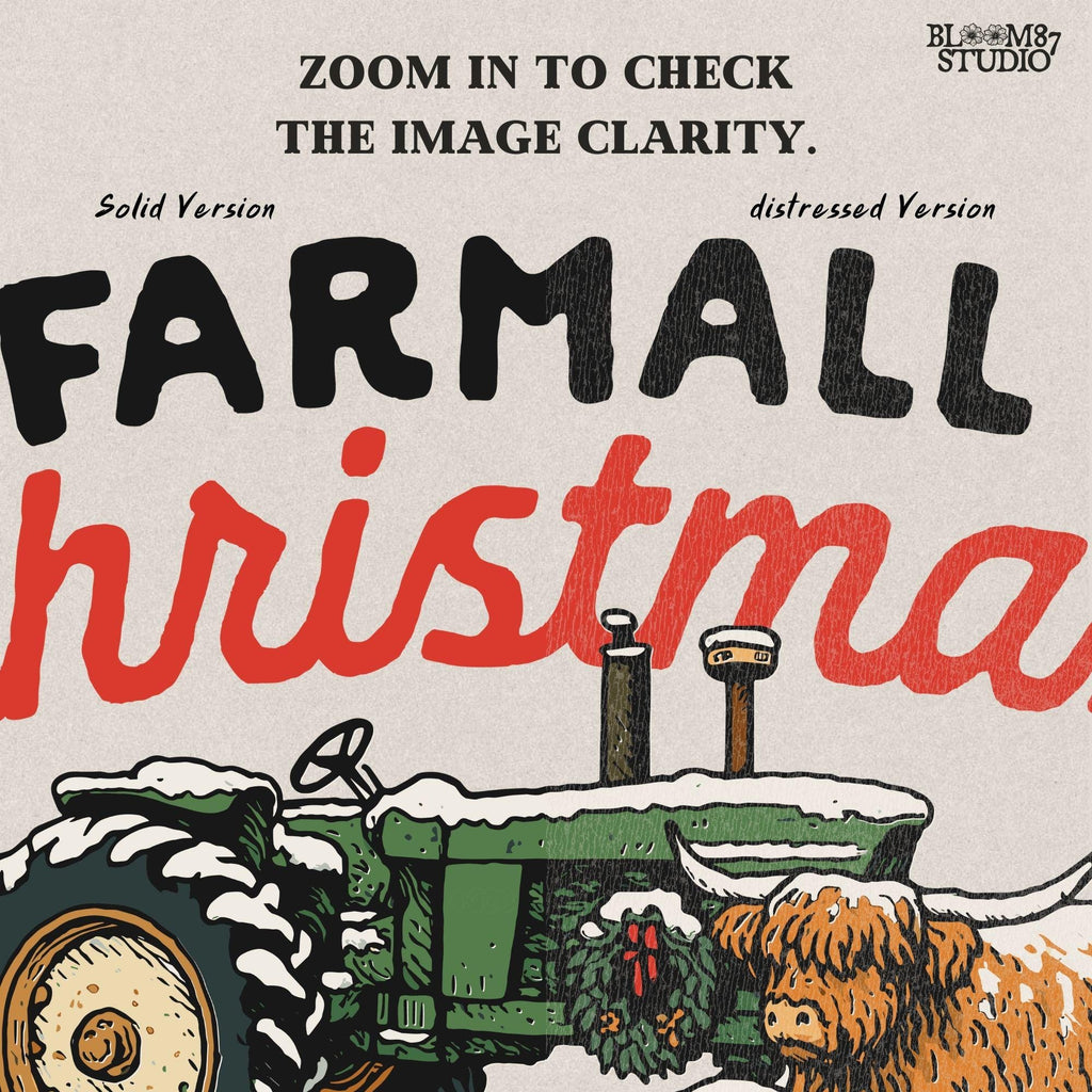 Digital Christmas design with Farmall tractor and Highland cow in the snow. A perfect farmhouse holiday PNG for sublimation printing on Christmas shirts, rustic mugs, festive tote bags, barn decorations, and personalized holiday country gifts for farmers and farm families.
