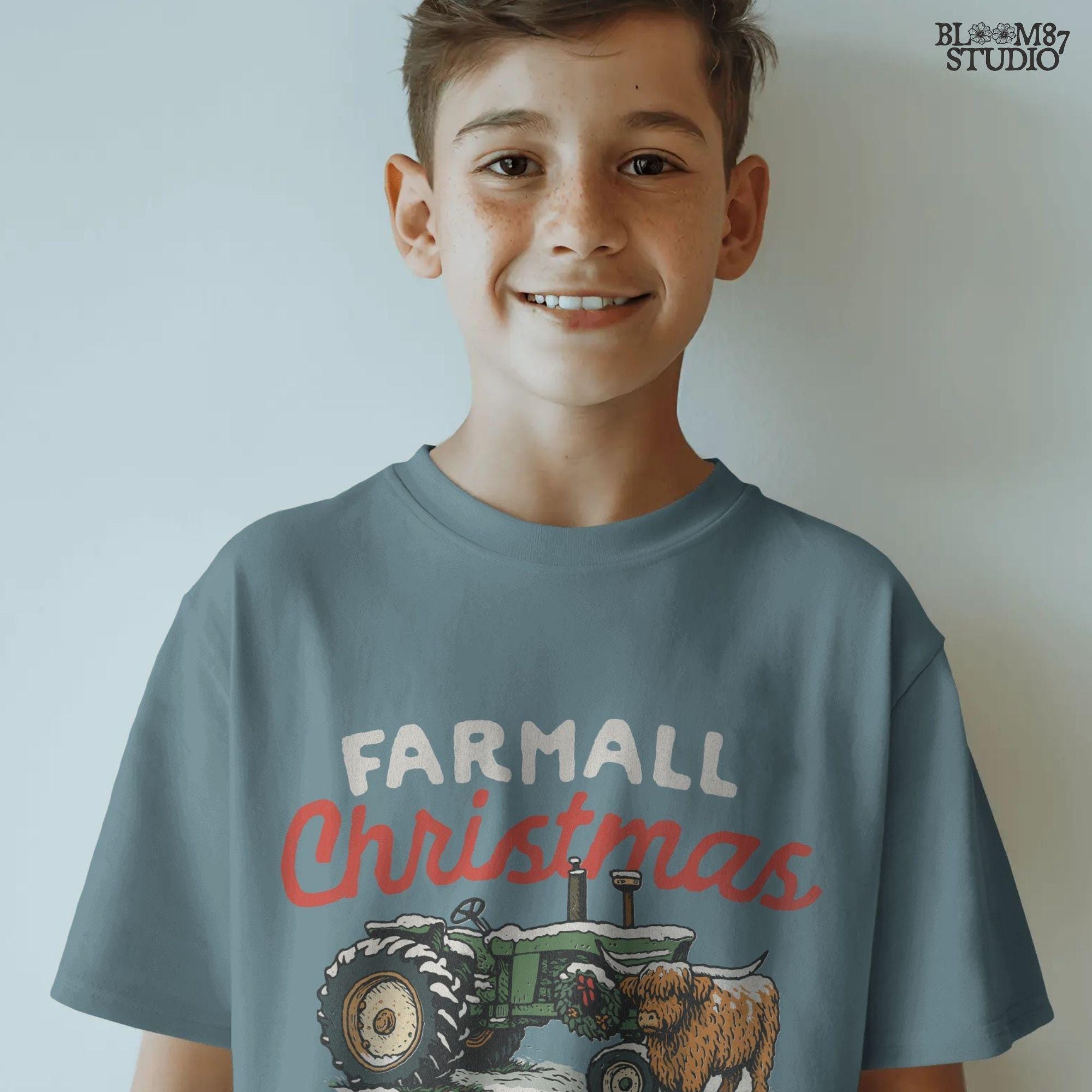 Farm tractor Christmas PNG with Highland cow and holiday wreath, perfect for farmhouse style sublimation. Use on Christmas shirts, mugs, ornaments, digital cards, barn decorations, and rustic holiday gifts for farm families, farmers, and tractor enthusiasts.