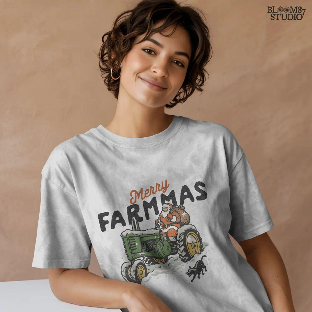 Green tractor Santa Claus Merry Farmmas PNG with snow and gift bag, Christmas sublimation design perfect for country farmhouse style, rustic mugs, t-shirts, holiday tumblers, and farmhouse art.