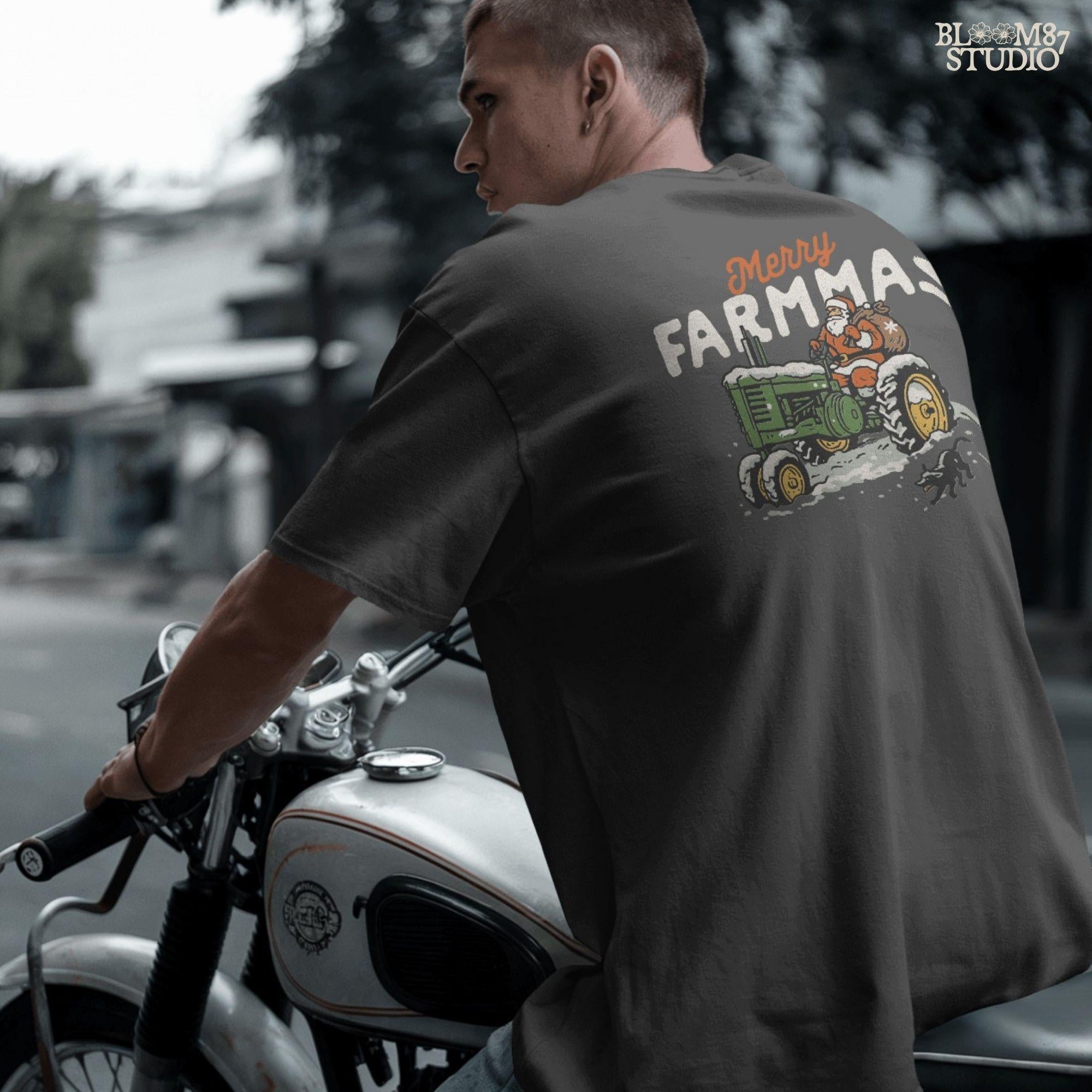 Christmas Santa Claus on tractor Merry Farmmas design, festive PNG file with country farm holiday theme, sublimation clipart for mugs, shirts, farmhouse Christmas decorations, ornaments and rustic DIY.