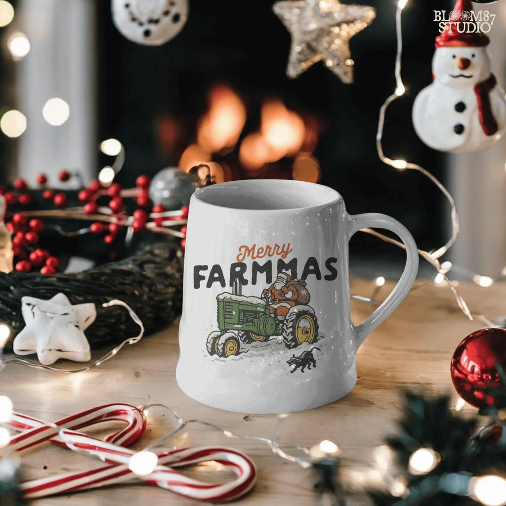 Santa Claus Merry Farmmas tractor PNG country Christmas design, farmhouse holiday sublimation art for festive mugs, rustic t-shirts, wall signs, ornaments, stickers, digital crafting projects.
