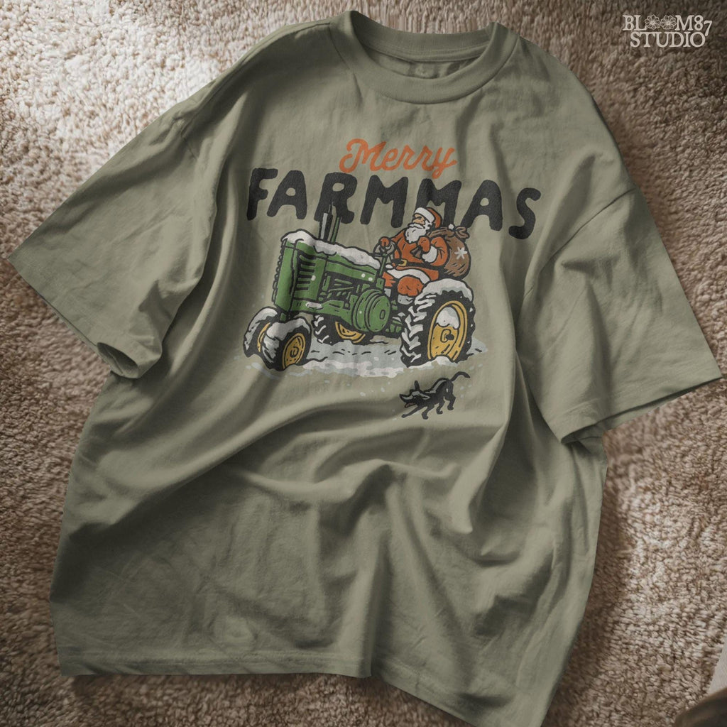 Merry Farmmas PNG design featuring Santa Claus on tractor in snowy scene with sack of gifts, farmhouse holiday sublimation perfect for mugs, tumblers, t-shirts, Christmas ornaments and festive crafts.
