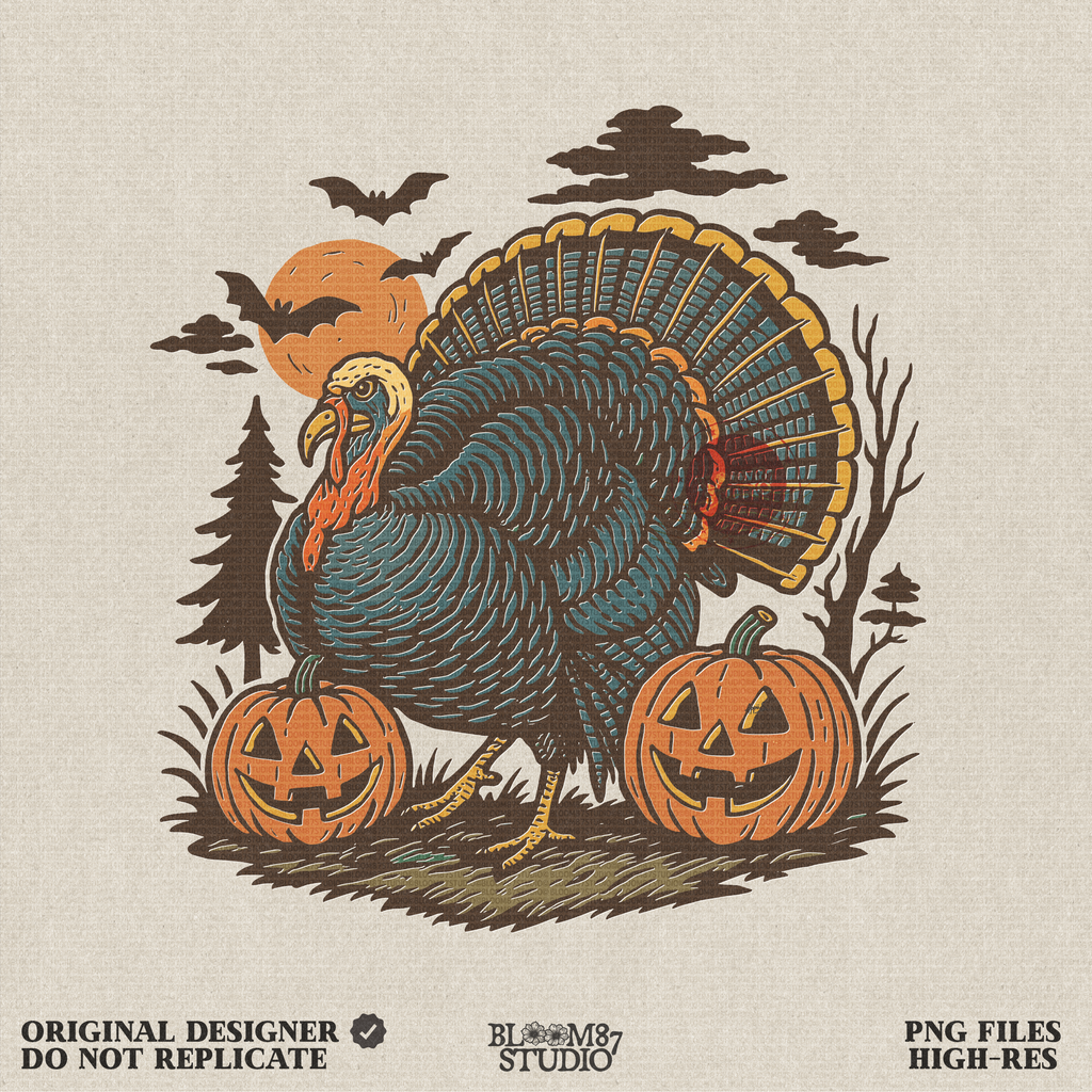 Halloween Turkey PNG | Funny Fall Thanksgiving Digital Download | Vintage Turkey with Pumpkins & Jack O’Lantern Clipart