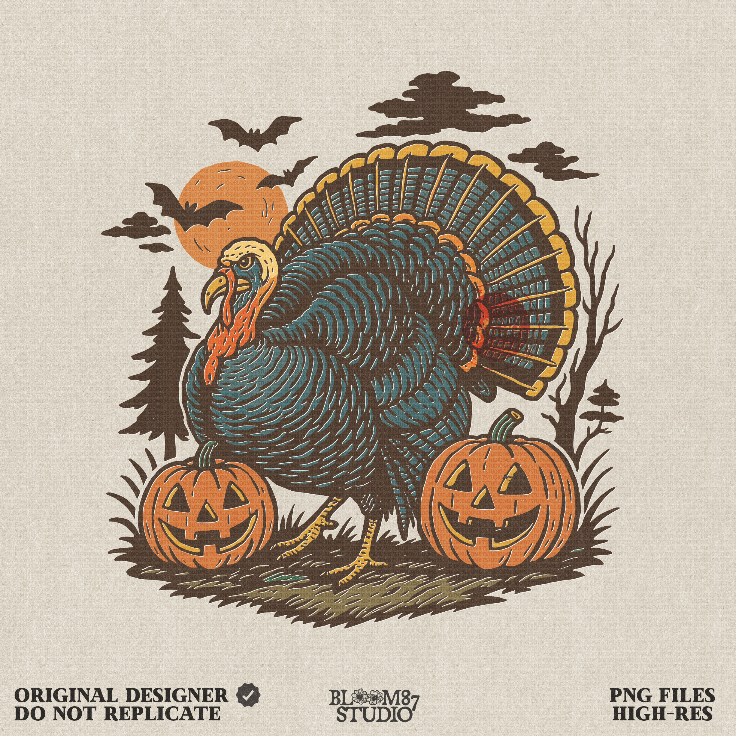 Halloween Turkey PNG | Funny Fall Thanksgiving Digital Download | Vintage Turkey with Pumpkins & Jack O’Lantern Clipart